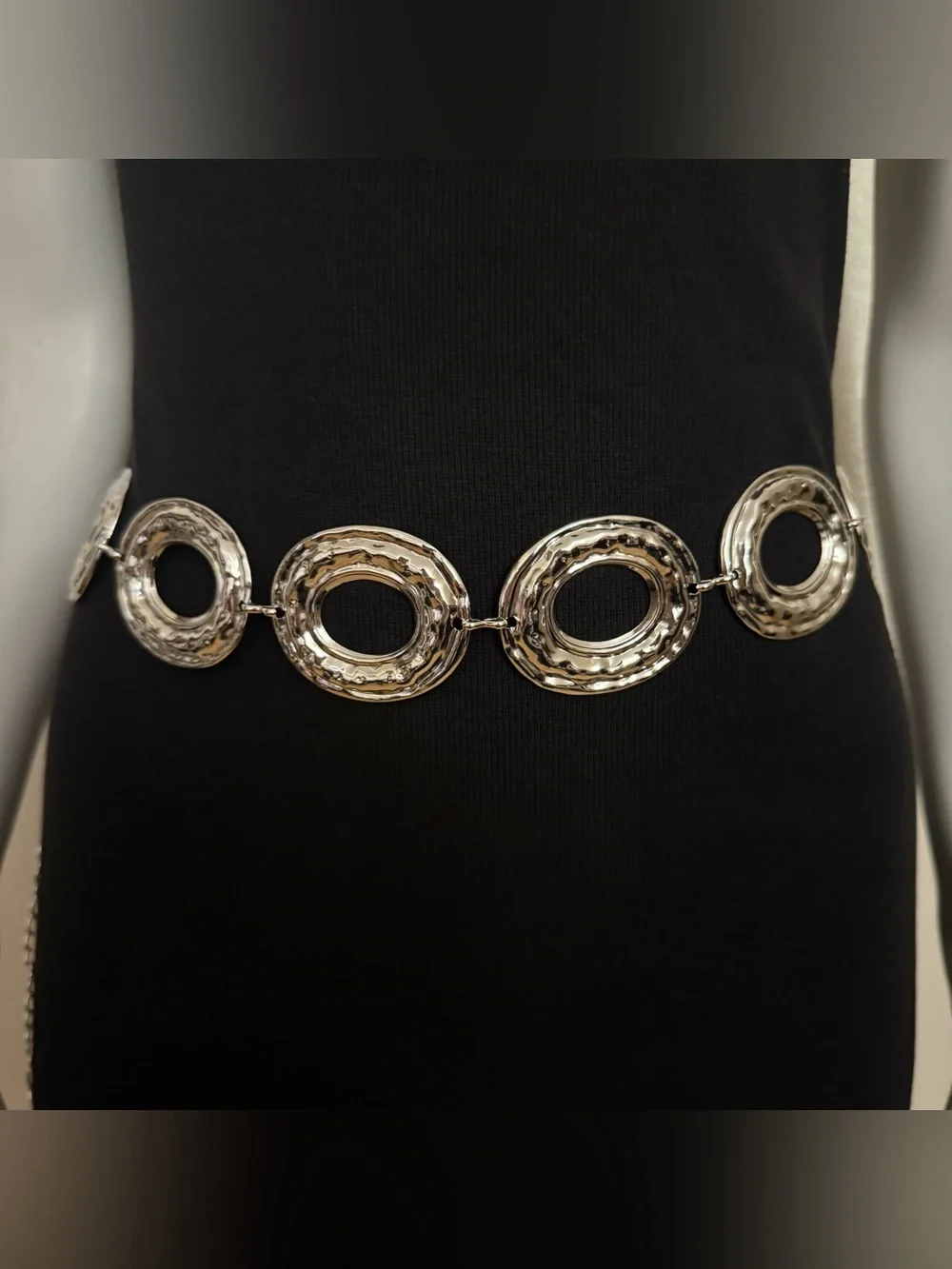 Silver tone metallic disc chain belt